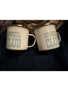 Cowgirl Club Enamel Mugs Set Of Two In White With Blue Text Rustic & Durable Cam